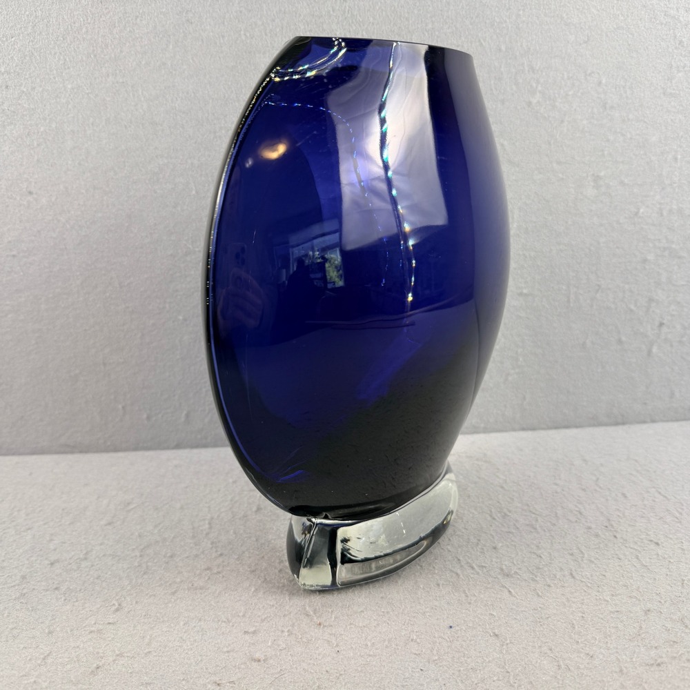 Cobalt Blue Vintage Art Glass Vase 10" Large MCM Oblique Asymmetrical Form - Picture 2 of 11